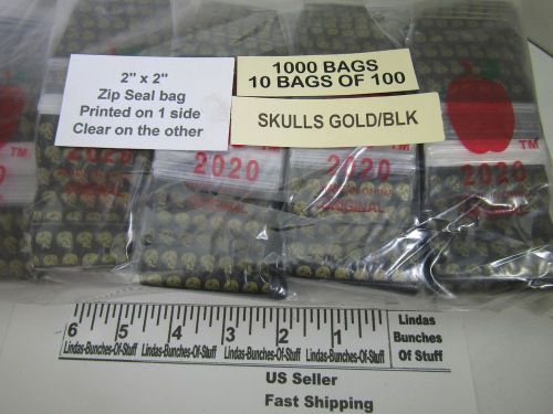 1000 gold skulls on black 2&#034; x 2&#034; 2 mill plastic zip seal bags new! for sale