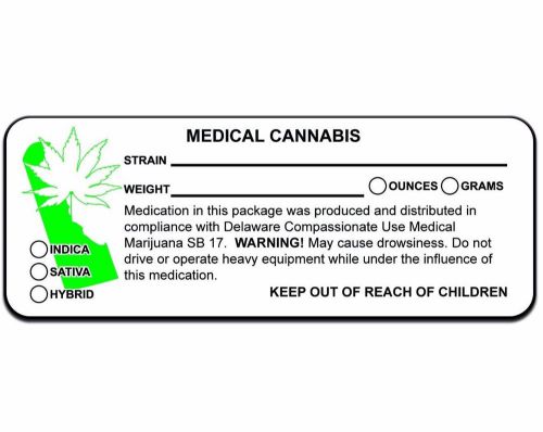 DE DELAWARE MARIJUANA 420 CANNABIS COMPLIANT PACKAGING LABEL 10 50 100 200 1000