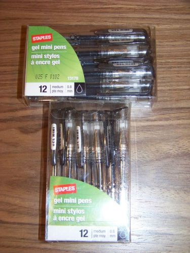 24 Staples Gel Mini Pens Medium 0.8 mm  Model 13178 Black Ink 2 Packs of 12