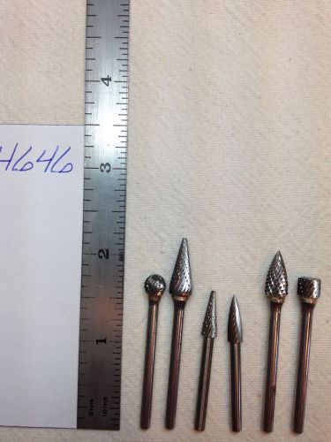 6 NEW 1/8&#034; SHANK CARBIDE BURRS. DOUBLE &amp; SINGLE CUT.  BIGS. MADE IN USA (H646)