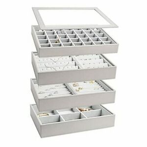 Vee Upgraded Jewelry Organizer Trays with Lid, 4-Layer 4 Pack with Lid Grey