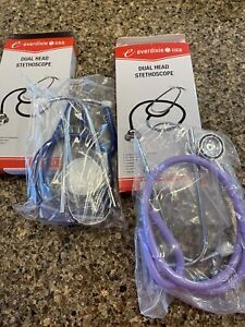 Two Everdixie Dual Sided Stethoscopes, New. One Dark Blue, One Lavender.