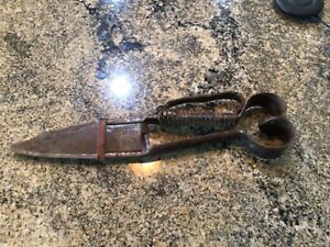 Antique 14&#034; Fields 20 th Centuy  Sheep Lamb Wool Shears Scissors &amp; leather decor