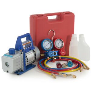 5CFM 1/3HP Air Vacuum Pump HVAC + R134A Kit AC A/C Dual Manifold Gauge Set