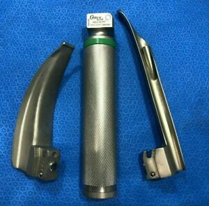 3pc Rusch FO Laryngoscope Set w Emerald Blades &amp; Spex Handle Mill 2 &amp; Mac 2 B/qz