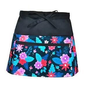 Waist Apron Server Aprons with 6 Pockets Waiter Waitress Half Blue Flower