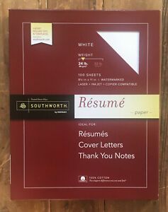 Southworth Resume Paper 24lb 8.5&#034; x 11&#034; white 100 sheets 100% cotton NIB