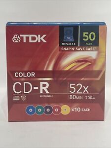 TDK Color CD-R Recordable 52x 80min 700mb 50 Pack Snap N Save Case NEW!