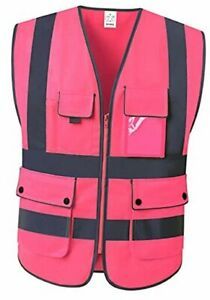 Class 2 High Visibility Reflective Safety Vests with 8 Pockets and Large Pink