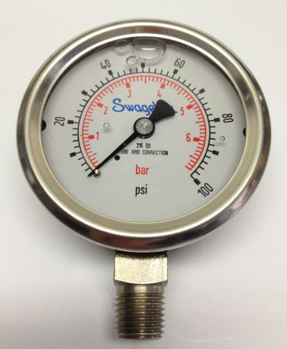 Swagelok 2.5” stainless steel pressure gauge 0-100 psi glycerin filled 1/4&#034; npt for sale
