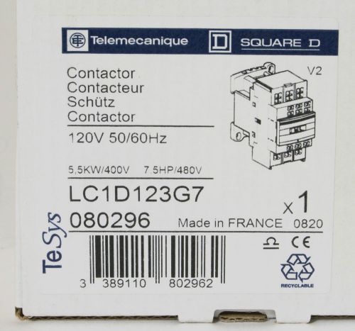 Square D Contactor LC1D123G7 120V 50/60Hz TeSys D (Telemecanique) 5.5Kw/400V