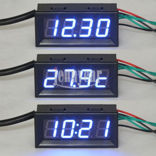 Blue LED Auto Digital Clock Voltmeter Thermometer 3in1 Volage/Temp Monitoring