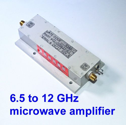 MIcrowave amplifier 6.5 to 12 GHz + 18 dBm 12 V, tested over 22 dB gain.