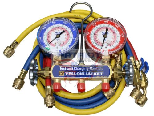 Yellow jacket 42201 manifold 3-1/8&#034; gauges 60&#034; hose psi r22/404a/410a, °f for sale