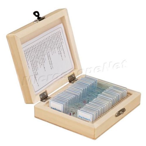25 prepared basic science microscope slides with wooden storage box for sale