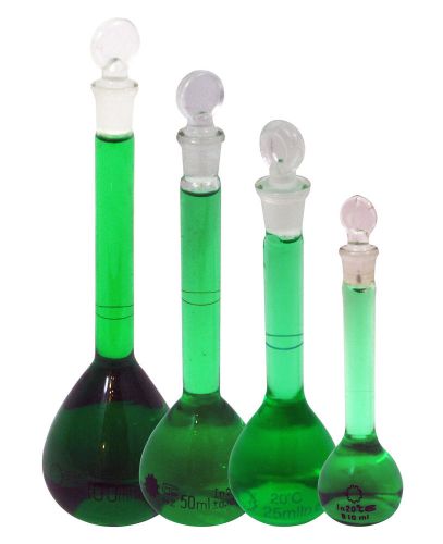 Set of Four (4) Volumetric Glass Flasks w/Ground Glass Stoppers