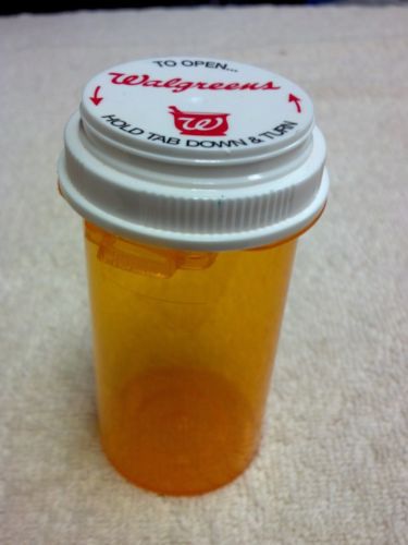 PRESCRIPTION BOTTLE, WALGREENS, EMPTY, CLEAN, WITH SAFETY CAP, 4&#034; X 1-1/2&#034;