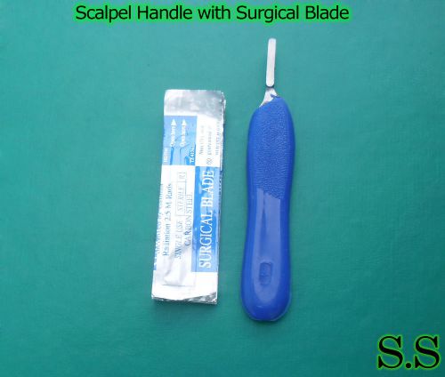 Scalpel Handle # 4 Blue Color With 10 Surgical Blade # 24 Dental Instruments