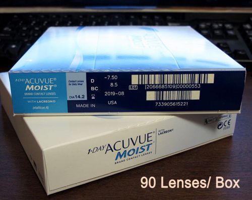 1 day acuvue moist contacts lenses dia 14.2, d -7.5, bc 8.5 (90 lenses per box) for sale