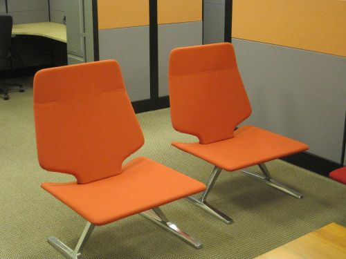 Scandinavian Armless Lounge Chairs, orange upholstery, aluminum pedestal legs