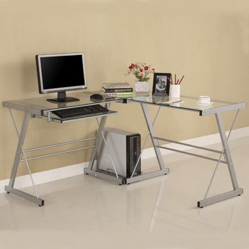 3-piece contemporary glass and steel computer desk l-shaped corner desk, silver for sale
