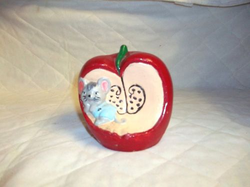 Handmade Ceramic Red Apple w Cute Mouse in Bite. 3 Pencil Holder, Teacher