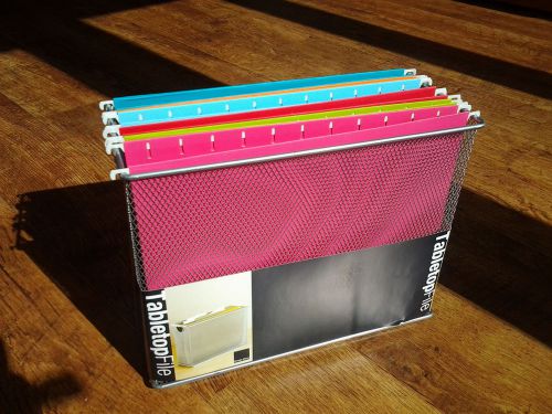 Silver mesh desktop file organiser plus six colourful hanging files included