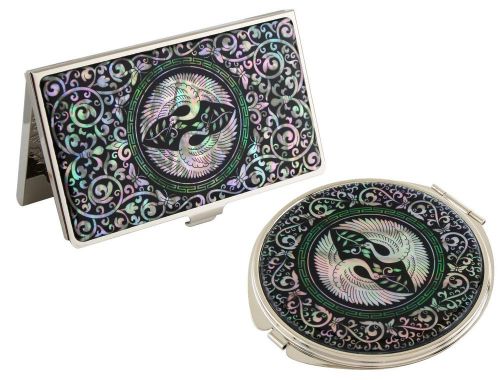 Nacre two crane Business card holder case Makeup compact mirror gift set #40
