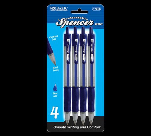 BAZIC Spencer Blue Retractable Pen w/ Cushion Grip (4/Pack), Case of 24
