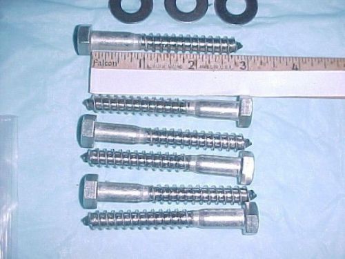 6 STAINLESS STEEL HEX HEAD 3/8 X 3 INCH LAG BOLTS and FLAT WASHERS