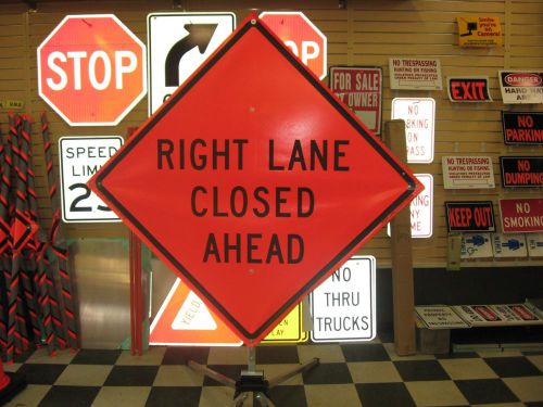 Right lane closed ahead fluorescent vinyl with ribs road sign 48&#034; x 48&#034; for sale