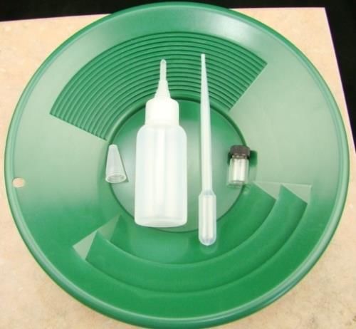 California gold panning kit -10&#034; green pan-bottle snuffer-bubble sniffer-vial for sale