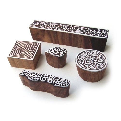 Multi hand carved floral &amp; geometric designs wooden printing blocks (set of 5) for sale