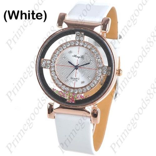 Micro Beads PU Leather Rhinestones Quartz Lady Ladies Wristwatch Women&#039;s White