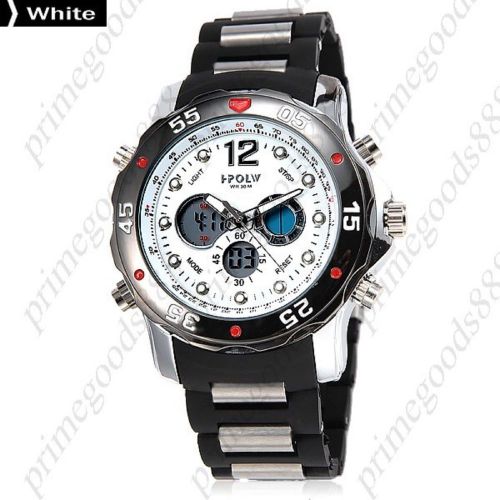 Two Time Zone Zones Silicone Date Digital Analog Quartz Men&#039;s Wristwatch White
