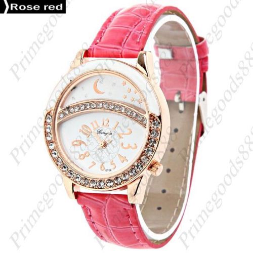 Star Round Rhinestones PU Leather Lady Ladies Quartz Wristwatch Women&#039;s Rose Red