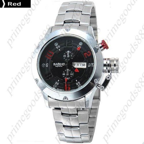 Stainless Steel Band Date Analog Quartz Free Shipping Men&#039;s Wristwatch Red
