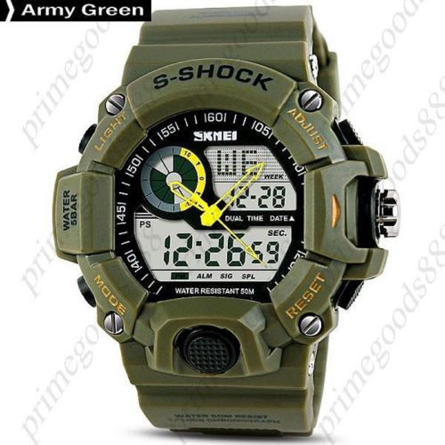 2 Time Zone 50 M Water Proof Analog Digital Date LED Wristwatch Men&#039;s Army Green