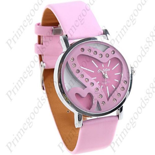Heart Hearts PU Leather Wrist Analog Lady Ladies Quartz Wristwatch Women&#039;s Pink