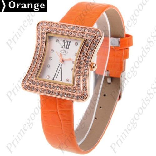 PU Leather Rhinestones 2 Roman Numbers Wrist Quartz Wristwatch Women&#039;s Orange