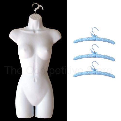 Bundle white female body form mannequin s-m sz + 3 light blue satin hangers for sale