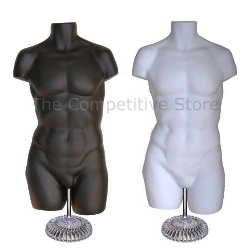 2 Super Male Black + White Mannequin Dress Forms W/ Economic Plastic Base S-M