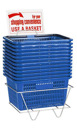 Set of 12 Blue Shopping Baskets w/ Display Rack &amp; Sign