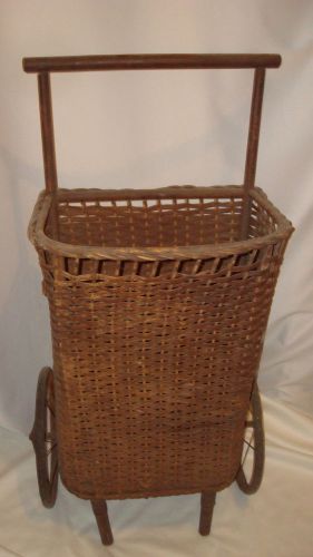 FRENCH ANTIQUE WICKER ROLLING BASKET SHOPPING CART   RARE