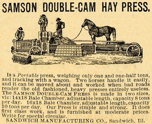 1890 Ad Samson Double-Cam Hay Press Horse Sandwich Illinois Agricultural AAG1