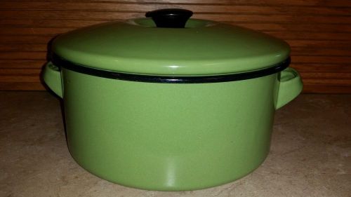 Vintage 4 Quart Oven Stock Pot Retro Avacado Green Enamelware W/ Lid Black Trim