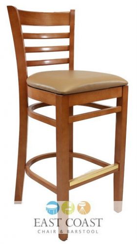 New wooden cherry ladder back restaurant bar stool with tan vinyl seat for sale