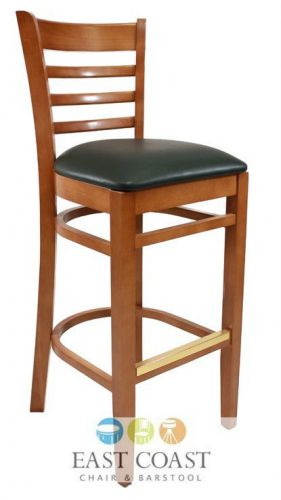 New wooden cherry ladder back restaurant bar stool with green vinyl seat for sale