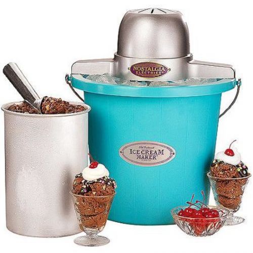 Nostalgia Electric 4-Quart Blue Bucket Electric Ice Cream Maker Machine Cone Cup