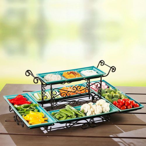 Multi level gourmet buffet stoneware server with beaded edges &amp; steel frame -new for sale